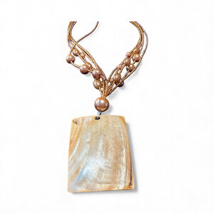 Handmade Multi-Strand Beaded Necklace with Large Shell-Look Pendant